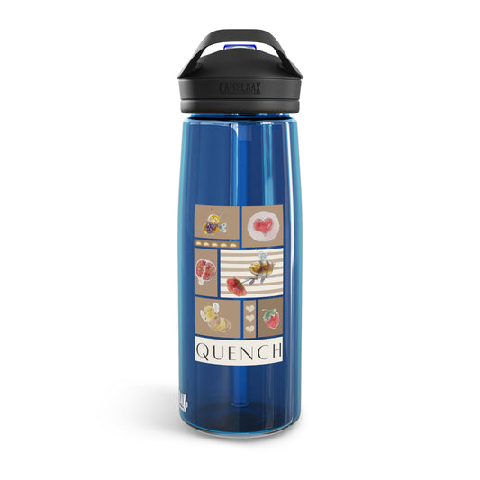 A clear CamelBak Eddy Quench water bottle with a decorative design featuring various elements and the word 'QUENCH' displayed prominently in the center.