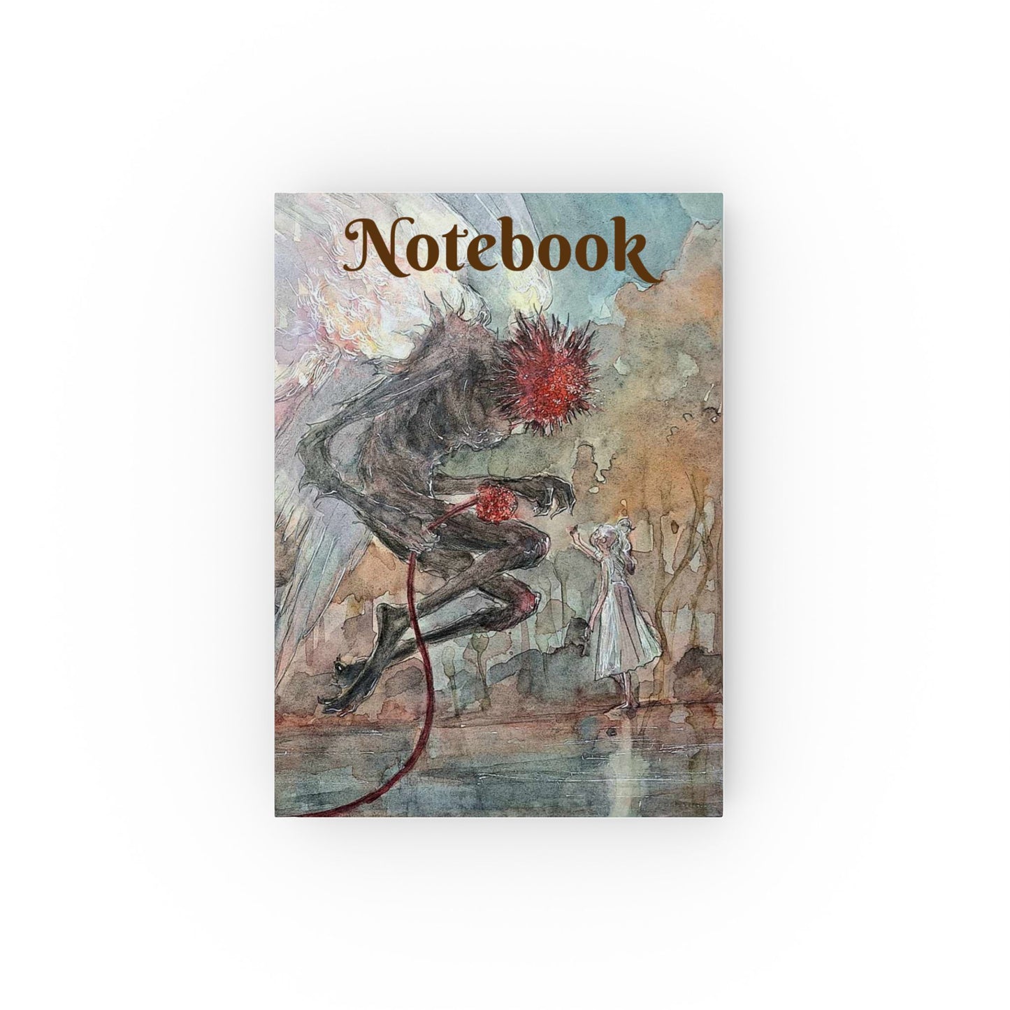 A hard-backed journal with a fantasy-themed cover art depicting a dragon, placed on a table alongside a cup of coffee and a travel magazine, with a potted plant in the background.