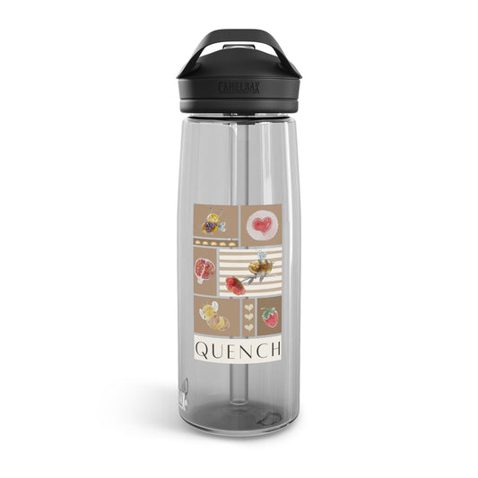 A clear CamelBak Eddy Quench water bottle with a decorative design featuring various elements and the word 'QUENCH' displayed prominently in the center.