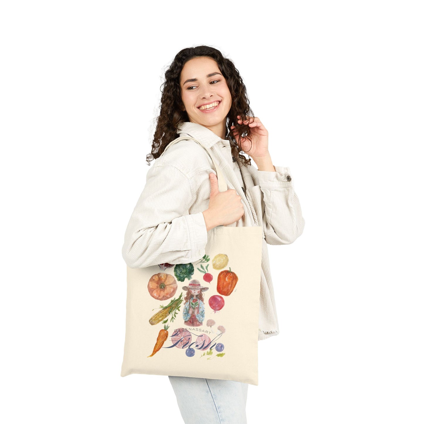 Gardening Fun Tote Bag carried at farmers market filled with fresh produce
